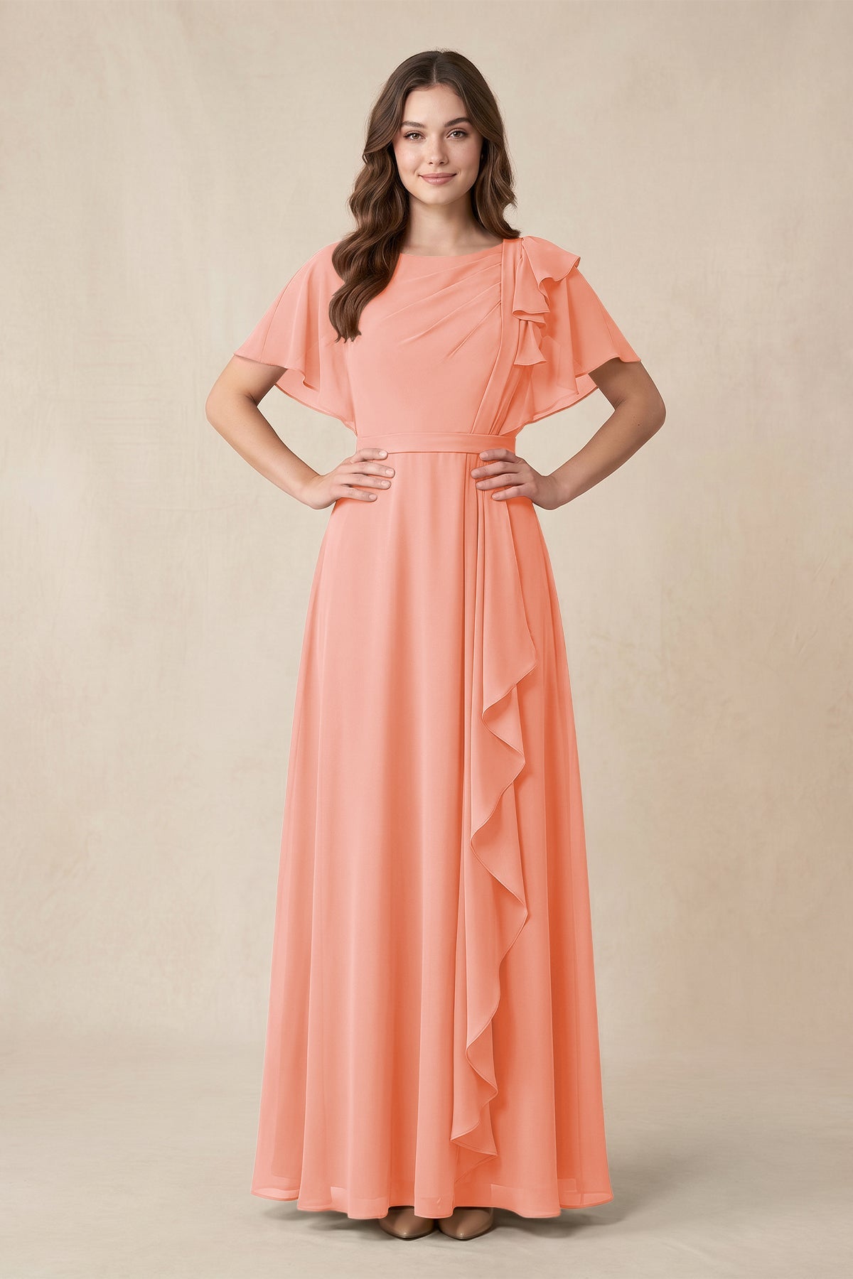 KissProm Short Sleeves Bateau A-Line Chiffon Bridesmaid Dress in Rosette, Rosette / Custom Size( Free )