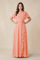 Short Sleeves Bateau A - Line Chiffon Bridesmaid Dress in Rosette - KissProm Bridesmaid Dresses