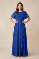 Short Sleeves Bateau A - Line Chiffon Bridesmaid Dress in Royal Blue - KissProm Bridesmaid Dresses