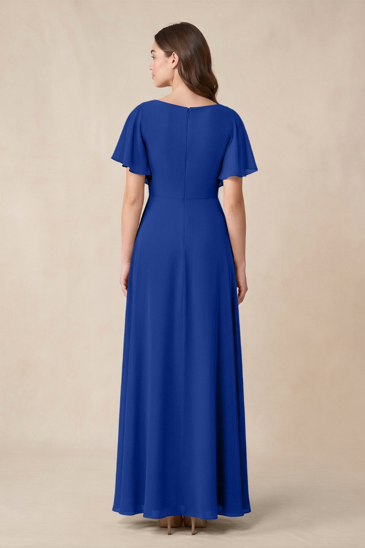 KissProm Short Sleeves Bateau A-Line Chiffon Bridesmaid Dress in Royal Blue, Royal Blue / 8