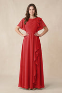 Short Sleeves Bateau A - Line Chiffon Bridesmaid Dress in Ruby Red - KissProm Bridesmaid Dresses