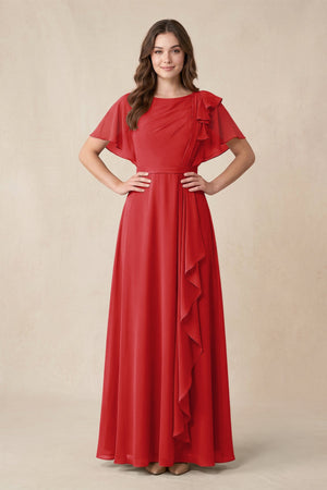 Short Sleeves Bateau A - Line Chiffon Bridesmaid Dress in Ruby Red - KissProm Bridesmaid Dresses