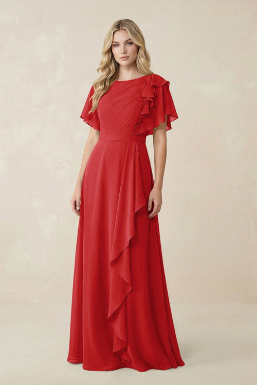 Short Sleeves Bateau A - Line Chiffon Bridesmaid Dress in Ruby Red - KissProm Bridesmaid Dresses