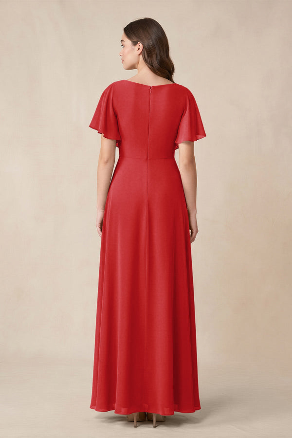 Short Sleeves Bateau A - Line Chiffon Bridesmaid Dress in Ruby Red - KissProm Bridesmaid Dresses