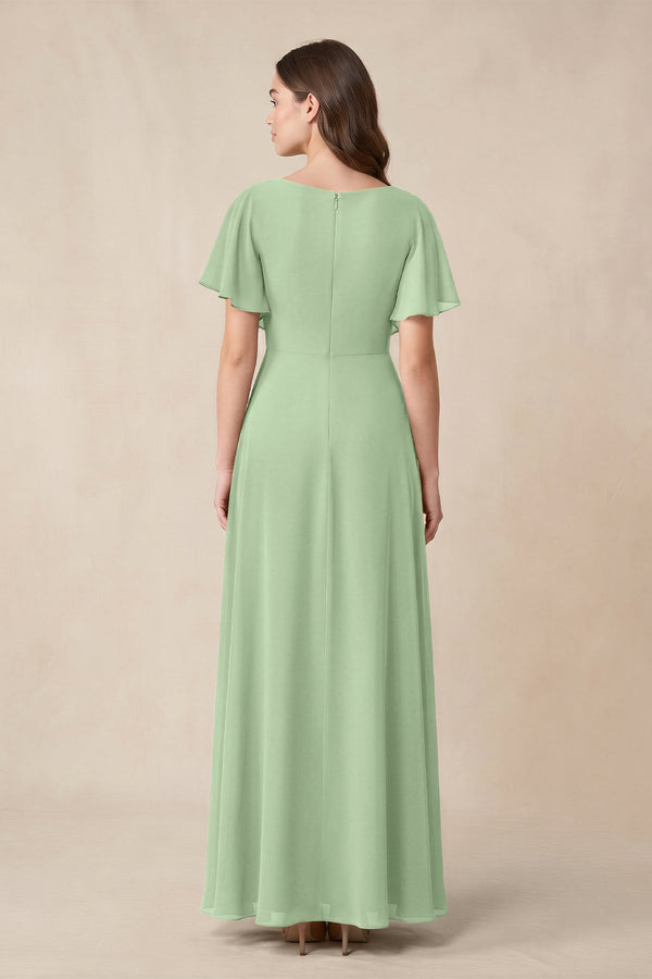 Short Sleeves Bateau A - Line Chiffon Bridesmaid Dress in Sage - KissProm Bridesmaid Dresses