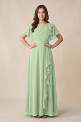 Short Sleeves Bateau A - Line Chiffon Bridesmaid Dress in Sage - KissProm Bridesmaid Dresses