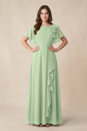 Short Sleeves Bateau A - Line Chiffon Bridesmaid Dress in Sage - KissProm Bridesmaid Dresses