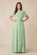 Short Sleeves Bateau A - Line Chiffon Bridesmaid Dress in Sage - KissProm Bridesmaid Dresses