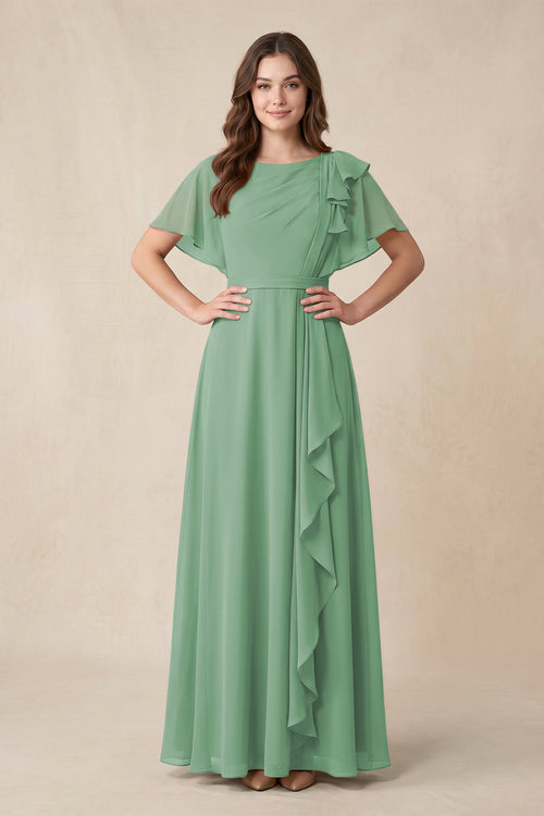 Short Sleeves Bateau A - Line Chiffon Bridesmaid Dress in Sea Glass - KissProm Bridesmaid Dresses