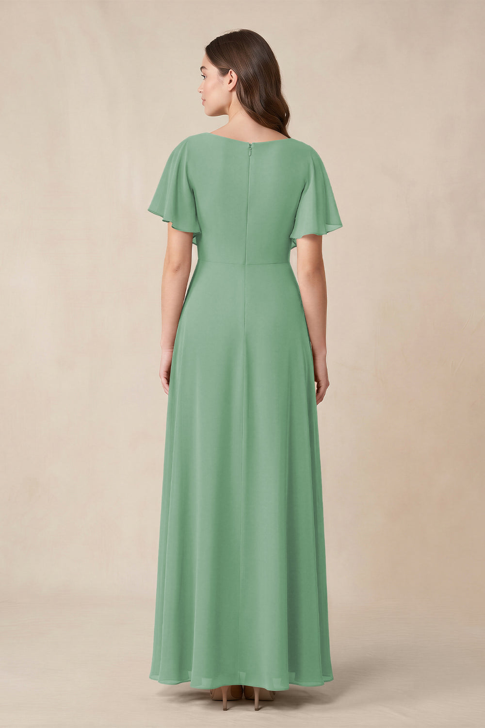 Short Sleeves Bateau A - Line Chiffon Bridesmaid Dress in Sea Glass - KissProm Bridesmaid Dresses