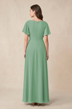 Short Sleeves Bateau A - Line Chiffon Bridesmaid Dress in Sea Glass - KissProm Bridesmaid Dresses