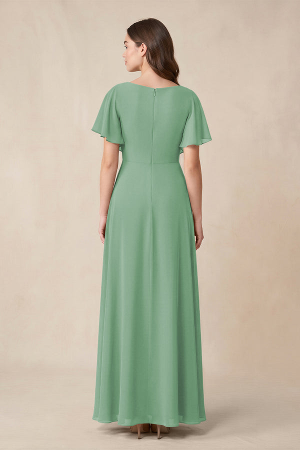 Short Sleeves Bateau A - Line Chiffon Bridesmaid Dress in Sea Glass - KissProm Bridesmaid Dresses