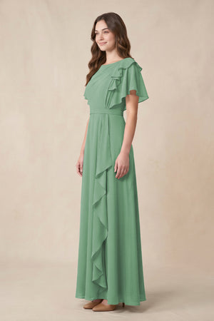 Short Sleeves Bateau A - Line Chiffon Bridesmaid Dress in Sea Glass - KissProm Bridesmaid Dresses