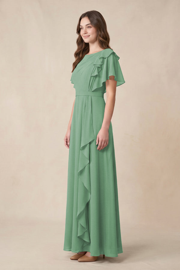 Short Sleeves Bateau A - Line Chiffon Bridesmaid Dress in Sea Glass - KissProm Bridesmaid Dresses