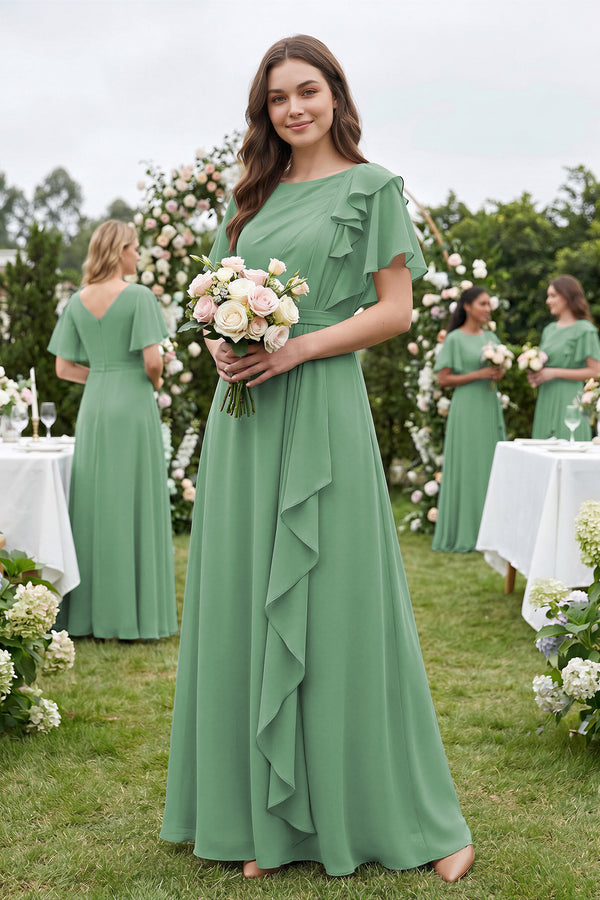 KissProm Short Sleeves Bateau A-Line Chiffon Bridesmaid Dress in Sea Glass, Sea Glass / 16
