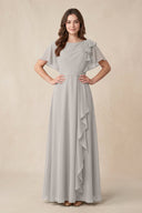 Short Sleeves Bateau A - Line Chiffon Bridesmaid Dress in Silver - KissProm Bridesmaid Dresses