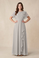 Short Sleeves Bateau A - Line Chiffon Bridesmaid Dress in Silver - KissProm Bridesmaid Dresses