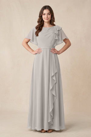 Short Sleeves Bateau A - Line Chiffon Bridesmaid Dress in Silver - KissProm Bridesmaid Dresses