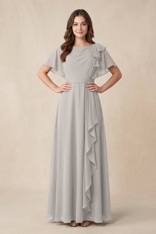 Short Sleeves Bateau A - Line Chiffon Bridesmaid Dress in Silver - KissProm Bridesmaid Dresses