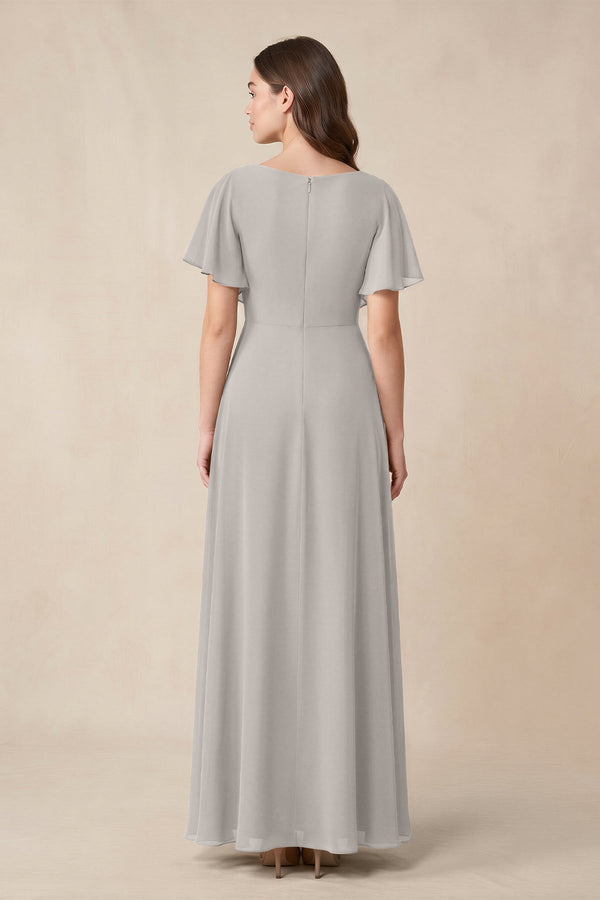 Short Sleeves Bateau A - Line Chiffon Bridesmaid Dress in Silver - KissProm Bridesmaid Dresses