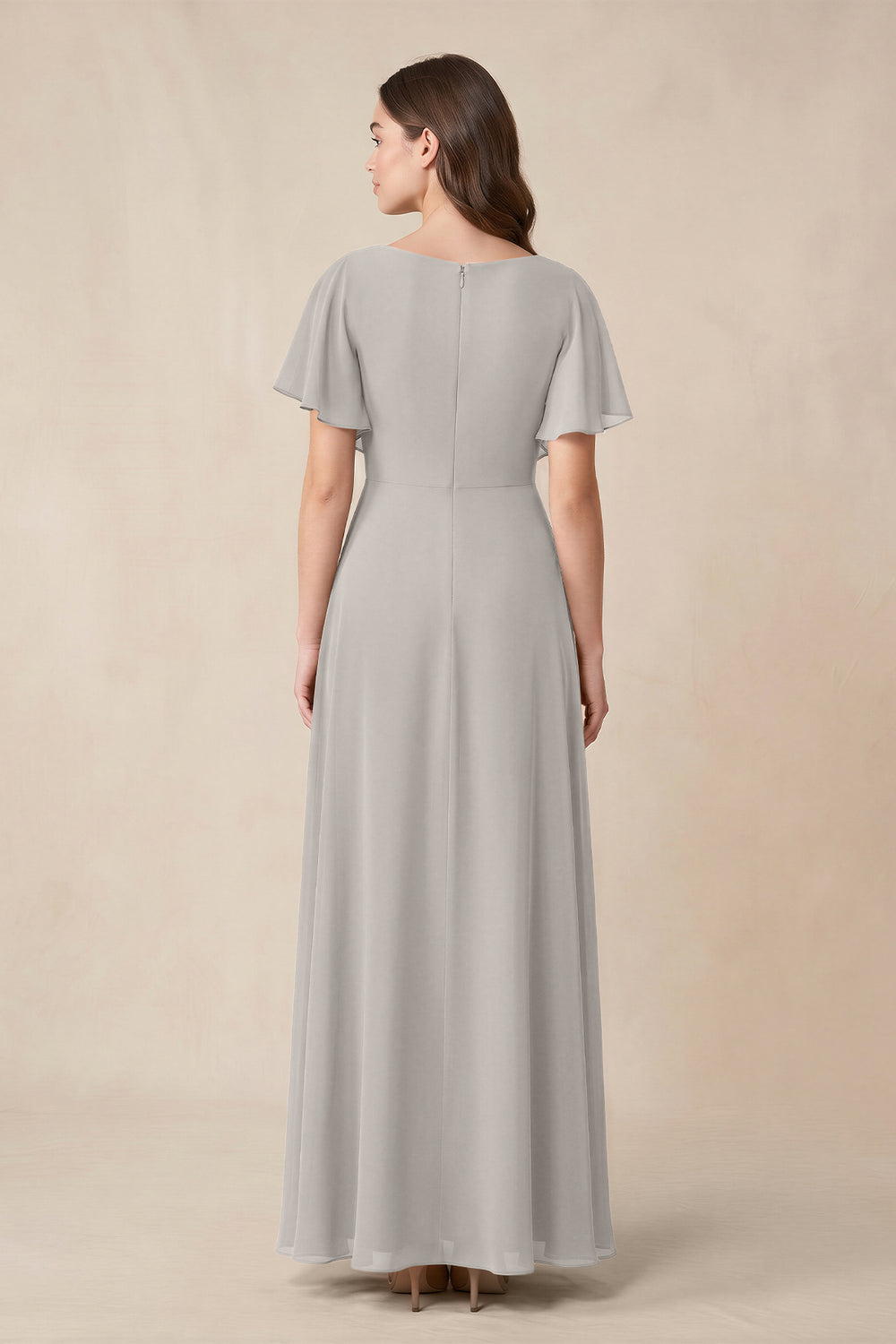 Short Sleeves Bateau A - Line Chiffon Bridesmaid Dress in Silver - KissProm Bridesmaid Dresses