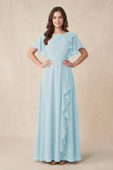 Short Sleeves Bateau A - Line Chiffon Bridesmaid Dress in Sky Blue - KissProm Bridesmaid Dresses
