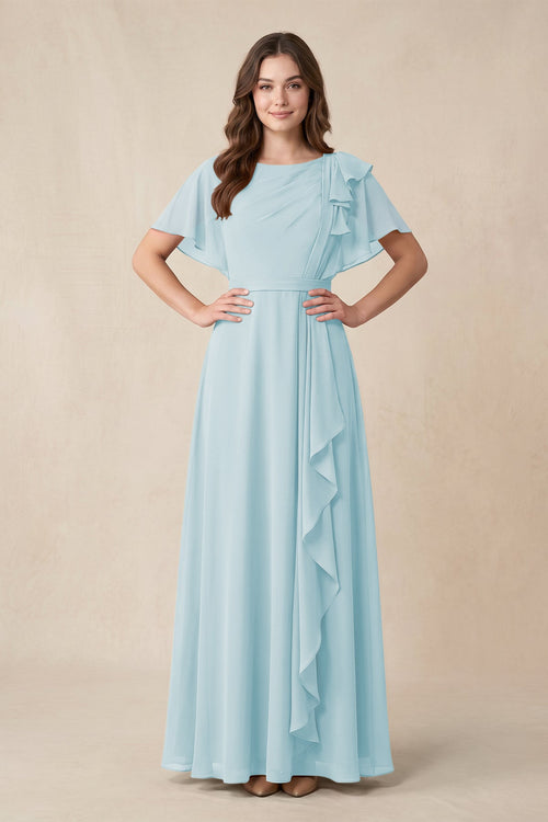 Short Sleeves Bateau A - Line Chiffon Bridesmaid Dress in Sky Blue - KissProm Bridesmaid Dresses