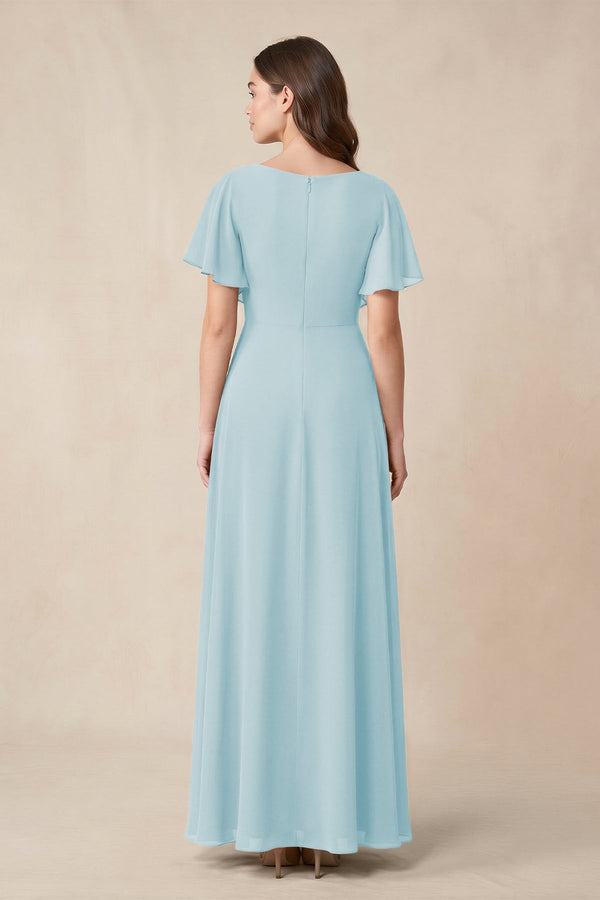 Short Sleeves Bateau A - Line Chiffon Bridesmaid Dress in Sky Blue - KissProm Bridesmaid Dresses