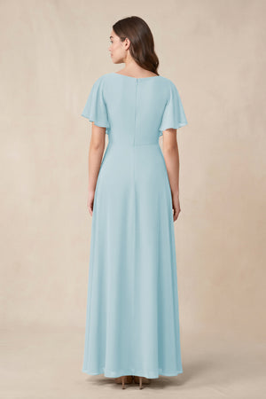 Short Sleeves Bateau A - Line Chiffon Bridesmaid Dress in Sky Blue - KissProm Bridesmaid Dresses