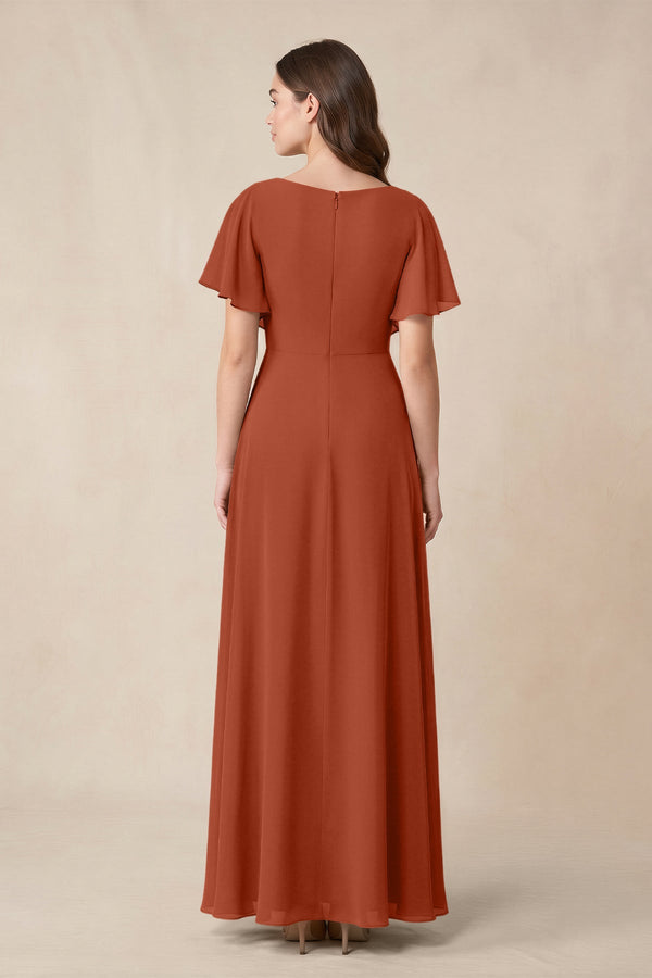 Short Sleeves Bateau A - Line Chiffon Bridesmaid Dress in Spice - KissProm Bridesmaid Dresses