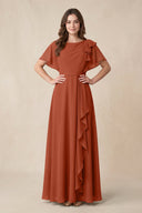 Short Sleeves Bateau A - Line Chiffon Bridesmaid Dress in Spice - KissProm Bridesmaid Dresses