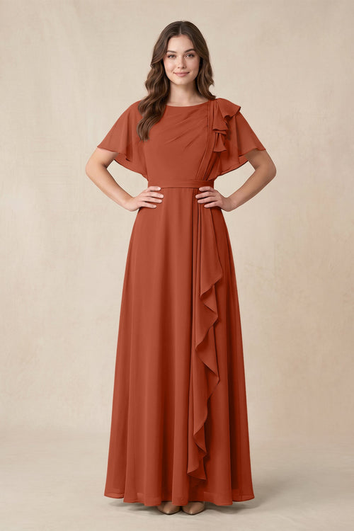 Short Sleeves Bateau A - Line Chiffon Bridesmaid Dress in Spice - KissProm Bridesmaid Dresses