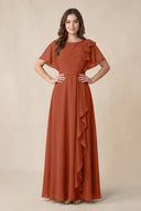 Short Sleeves Bateau A - Line Chiffon Bridesmaid Dress in Spice - KissProm Bridesmaid Dresses