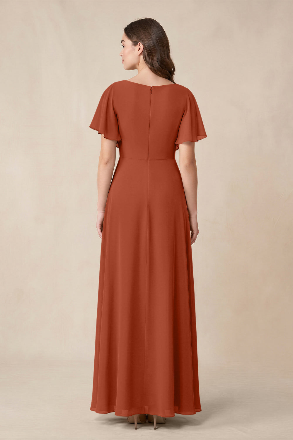 Short Sleeves Bateau A - Line Chiffon Bridesmaid Dress in Spice - KissProm Bridesmaid Dresses