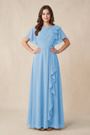 Short Sleeves Bateau A - Line Chiffon Bridesmaid Dress in Steel Blue - KissProm Bridesmaid Dresses