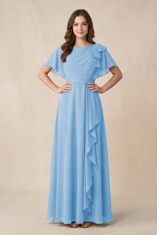 Short Sleeves Bateau A - Line Chiffon Bridesmaid Dress in Steel Blue - KissProm Bridesmaid Dresses