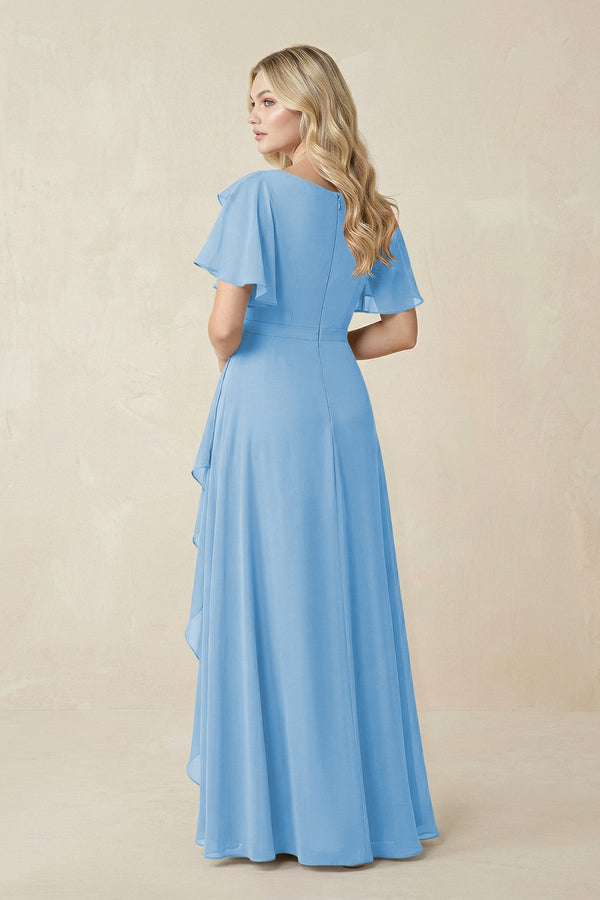 Short Sleeves Bateau A - Line Chiffon Bridesmaid Dress in Steel Blue - KissProm Bridesmaid Dresses