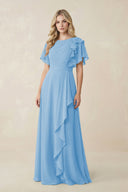 Short Sleeves Bateau A - Line Chiffon Bridesmaid Dress in Steel Blue - KissProm Bridesmaid Dresses