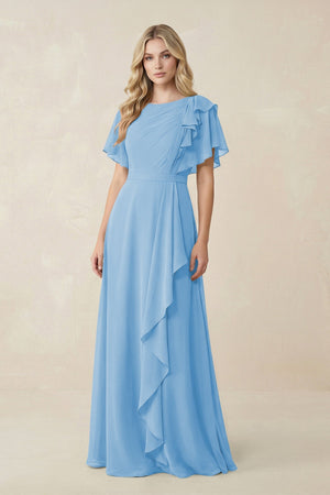 Short Sleeves Bateau A - Line Chiffon Bridesmaid Dress in Steel Blue - KissProm Bridesmaid Dresses