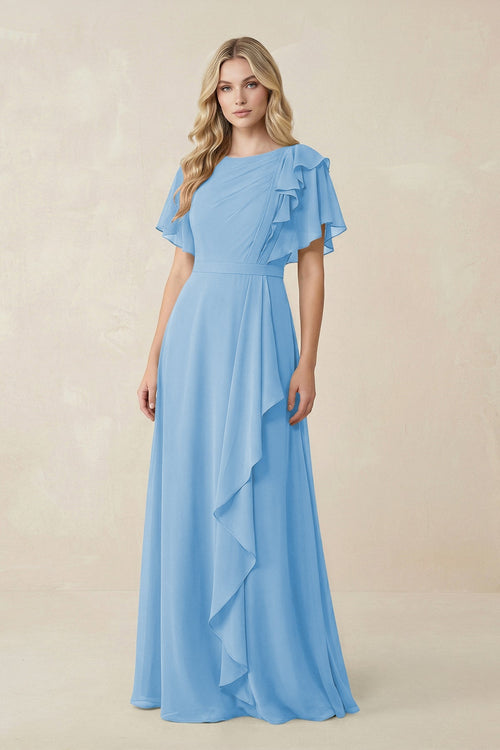 Short Sleeves Bateau A - Line Chiffon Bridesmaid Dress in Steel Blue - KissProm Bridesmaid Dresses