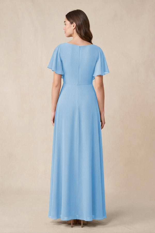 Short Sleeves Bateau A - Line Chiffon Bridesmaid Dress in Steel Blue - KissProm Bridesmaid Dresses