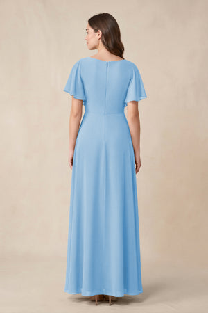 Short Sleeves Bateau A - Line Chiffon Bridesmaid Dress in Steel Blue - KissProm Bridesmaid Dresses