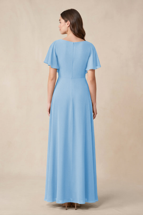 Short Sleeves Bateau A - Line Chiffon Bridesmaid Dress in Steel Blue - KissProm Bridesmaid Dresses