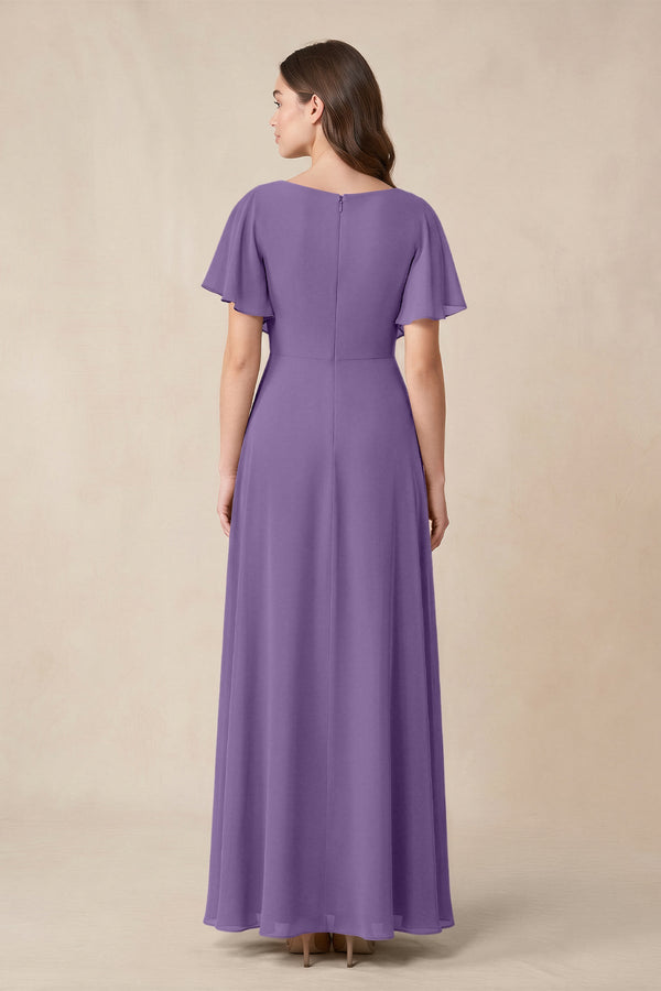 Short Sleeves Bateau A - Line Chiffon Bridesmaid Dress in Tahiti - KissProm Bridesmaid Dresses