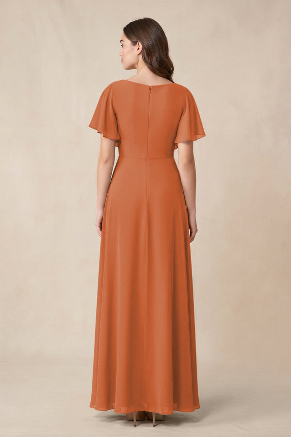 Short Sleeves Bateau A - Line Chiffon Bridesmaid Dress in Terracotta - KissProm Bridesmaid Dresses