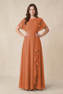 Short Sleeves Bateau A - Line Chiffon Bridesmaid Dress in Terracotta - KissProm Bridesmaid Dresses