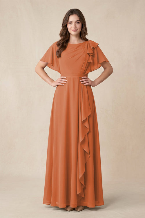 Short Sleeves Bateau A - Line Chiffon Bridesmaid Dress in Terracotta - KissProm Bridesmaid Dresses