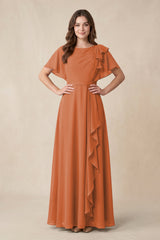 Short Sleeves Bateau A - Line Chiffon Bridesmaid Dress in Terracotta - KissProm Bridesmaid Dresses