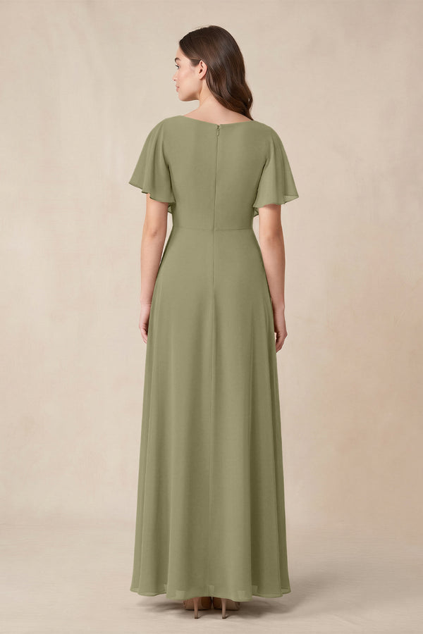 Short Sleeves Bateau A - Line Chiffon Bridesmaid Dress in Thyme - KissProm Bridesmaid Dresses