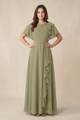 Short Sleeves Bateau A - Line Chiffon Bridesmaid Dress in Thyme - KissProm Bridesmaid Dresses